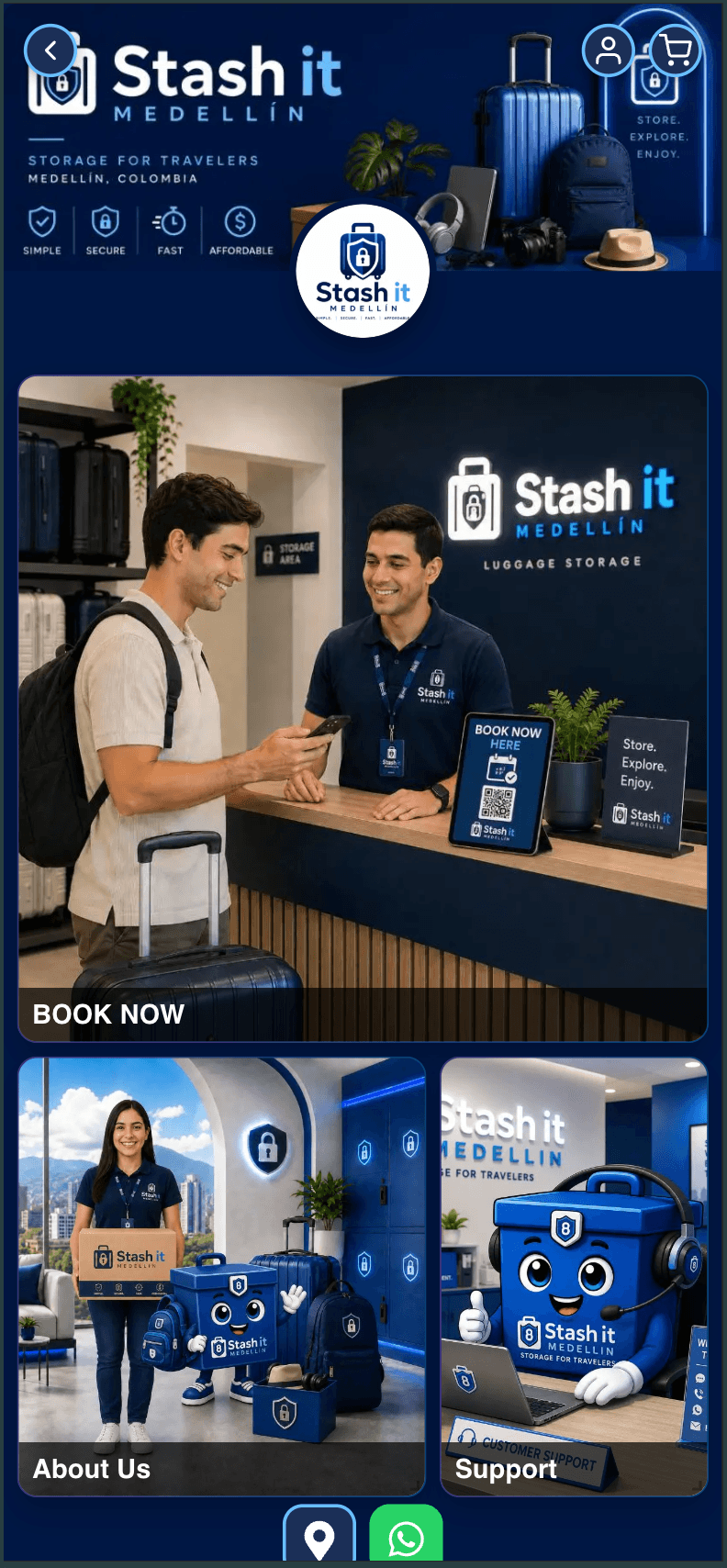 Tienda de Stash It Medellín hecha con indiVend, mostrando sus reservas de guarda-equipaje