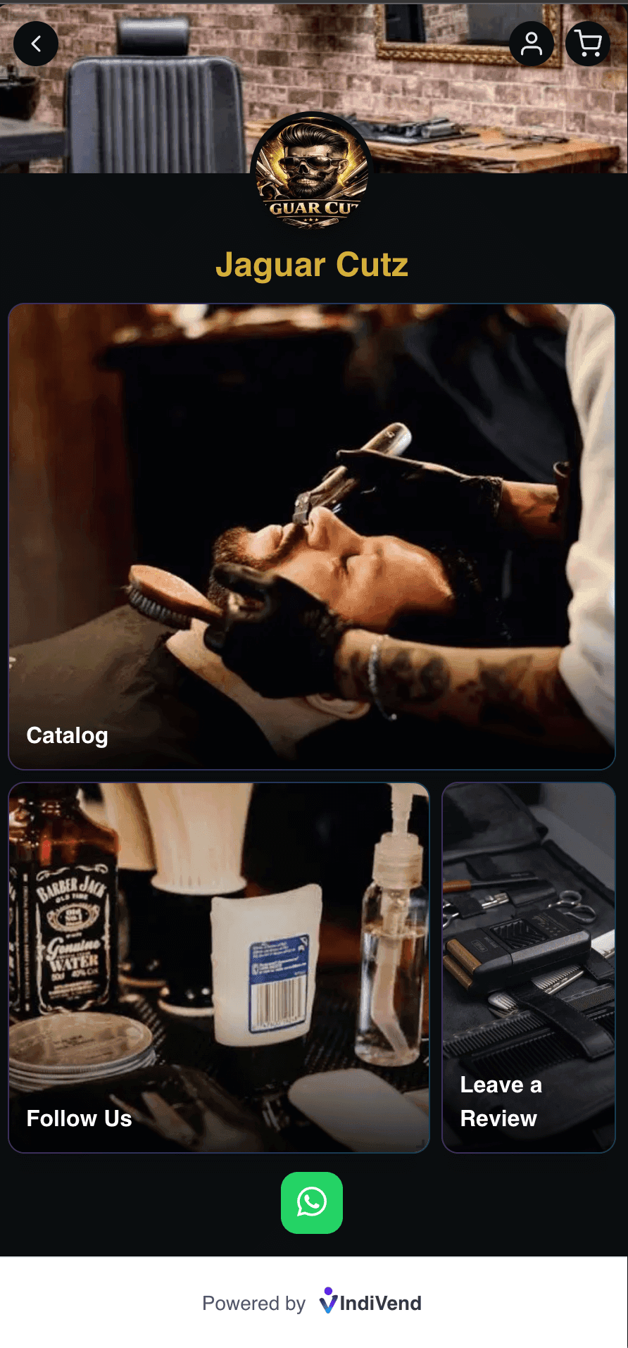 Tienda de Jaguar Cutz hecha con indiVend, mostrando sus citas de barbería