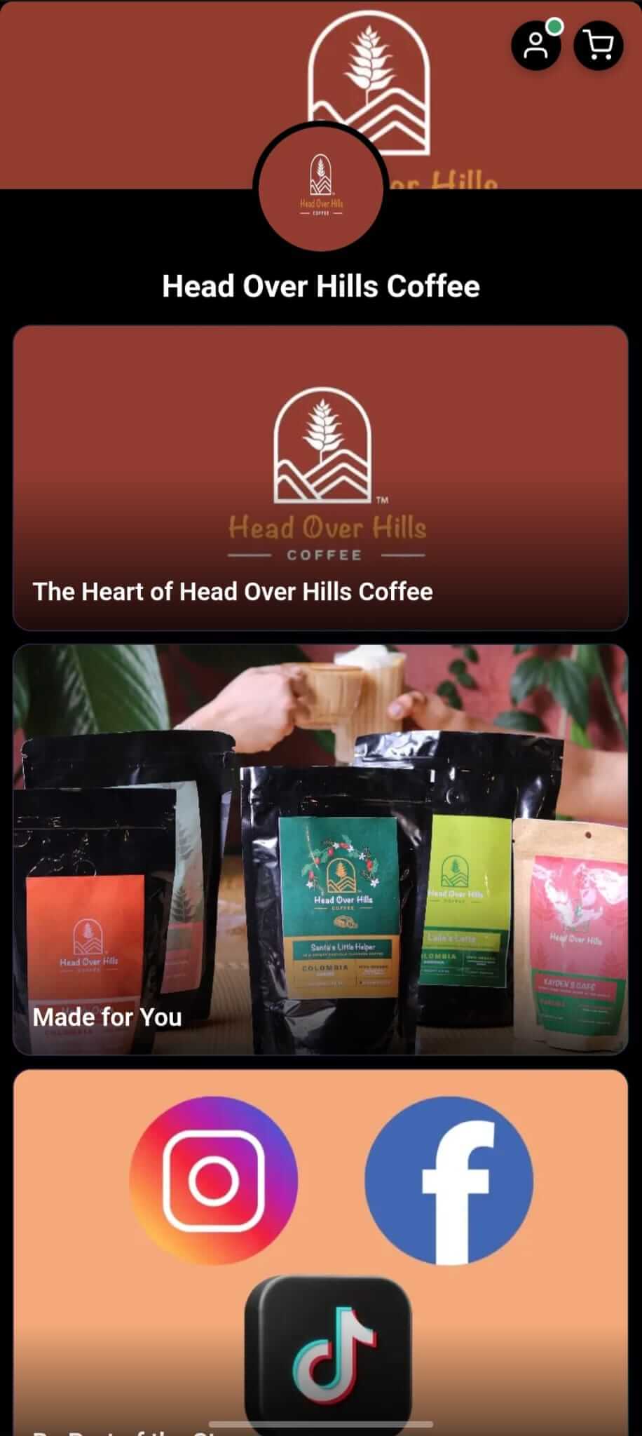 Tienda de Head Over Hills Coffee hecha con indiVend, mostrando su línea de café